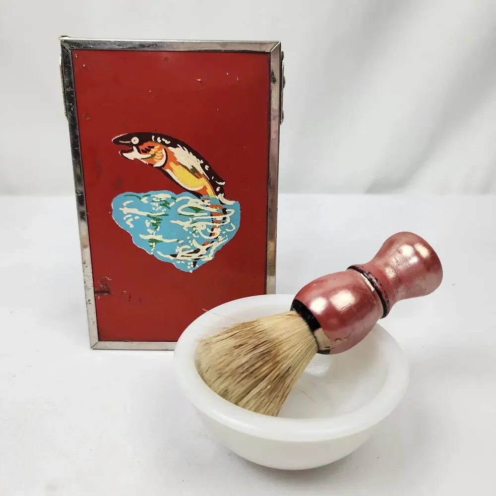Vintage Red Metal Folding Travel Shaving Kit w/ Brush Bowl & Mirror Fish / Water
